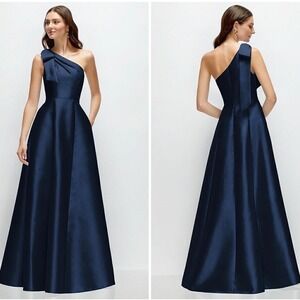 Alfred Sung Bow One-Shoulder Full A-Line Satin Maxi Dress Size 10